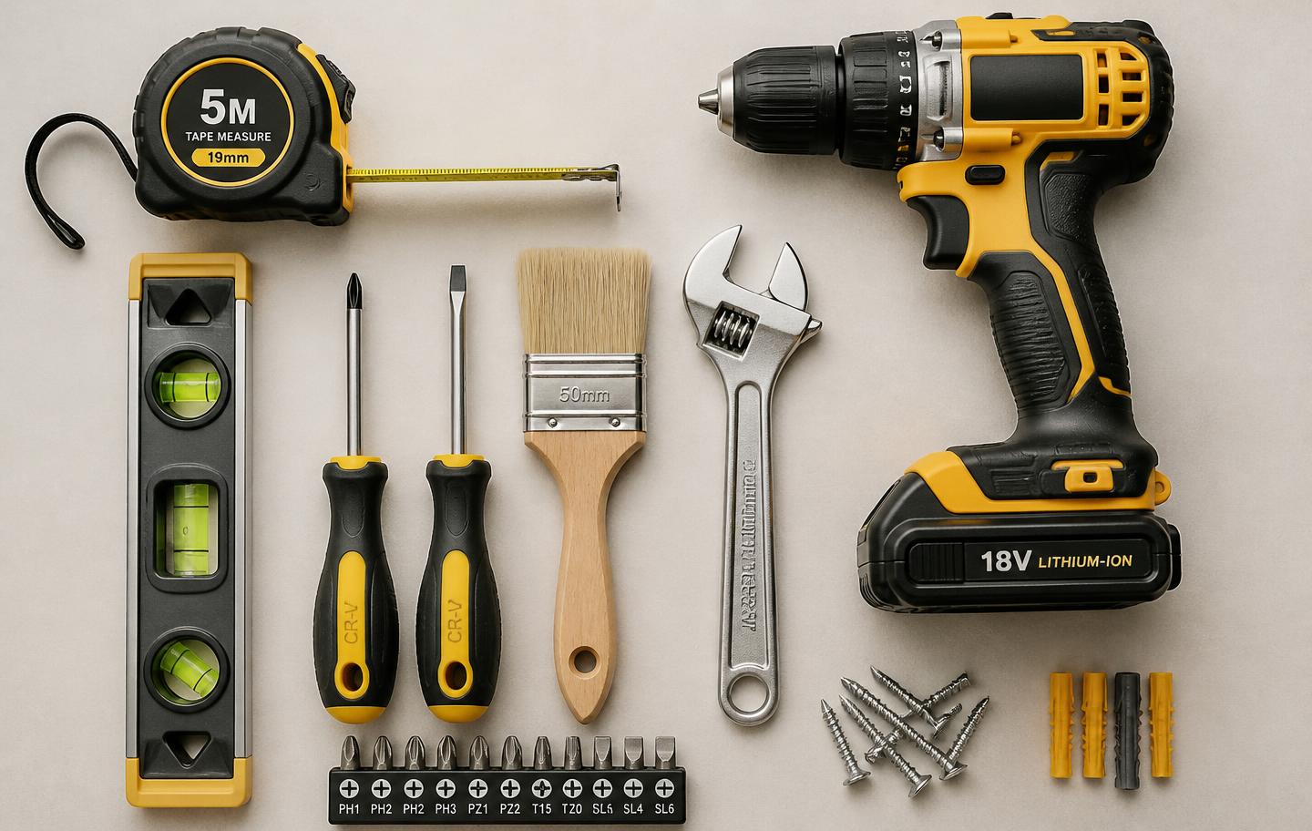 Handyman tool kit laid out: drill, tape measure, spirit level, screwdrivers, brush and spanner